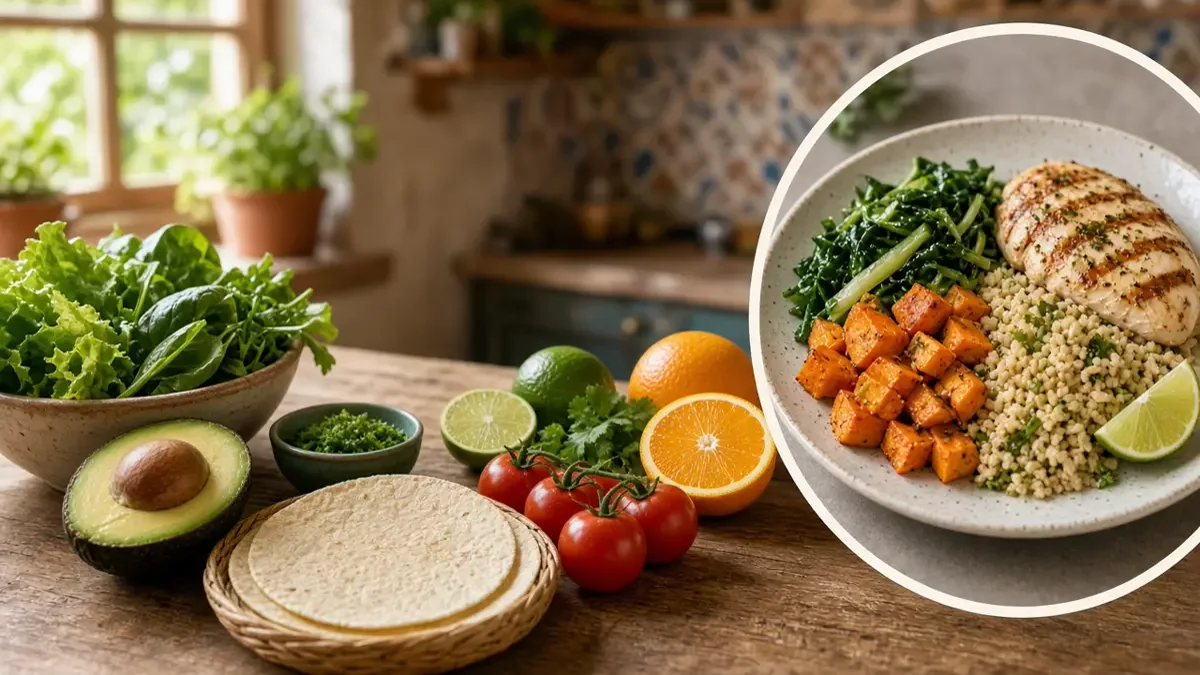 Cocina mexicana con frutas, verduras y tortillas. En primer plano, un plato equilibrado con proteína, verduras y grano.