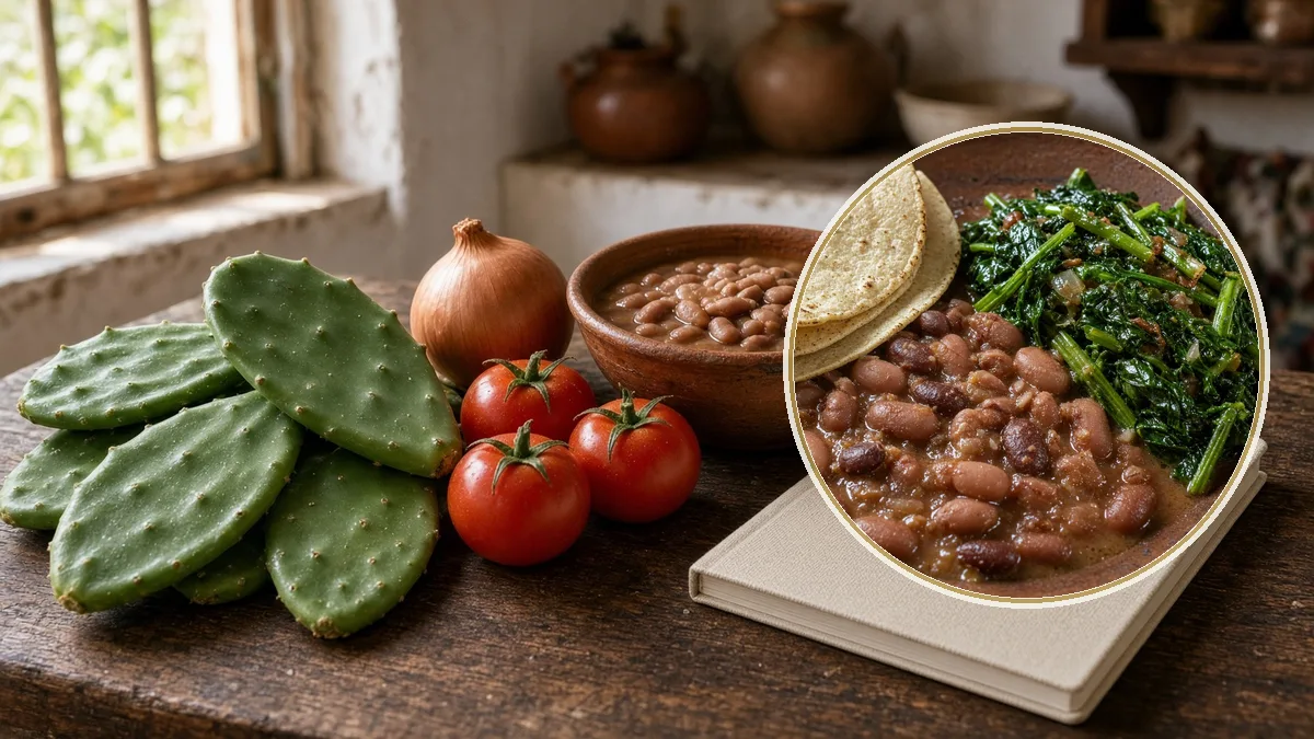 Mesa con verdura, frijol y una libreta cerrada. En primer plano, el plato, no un frasco.