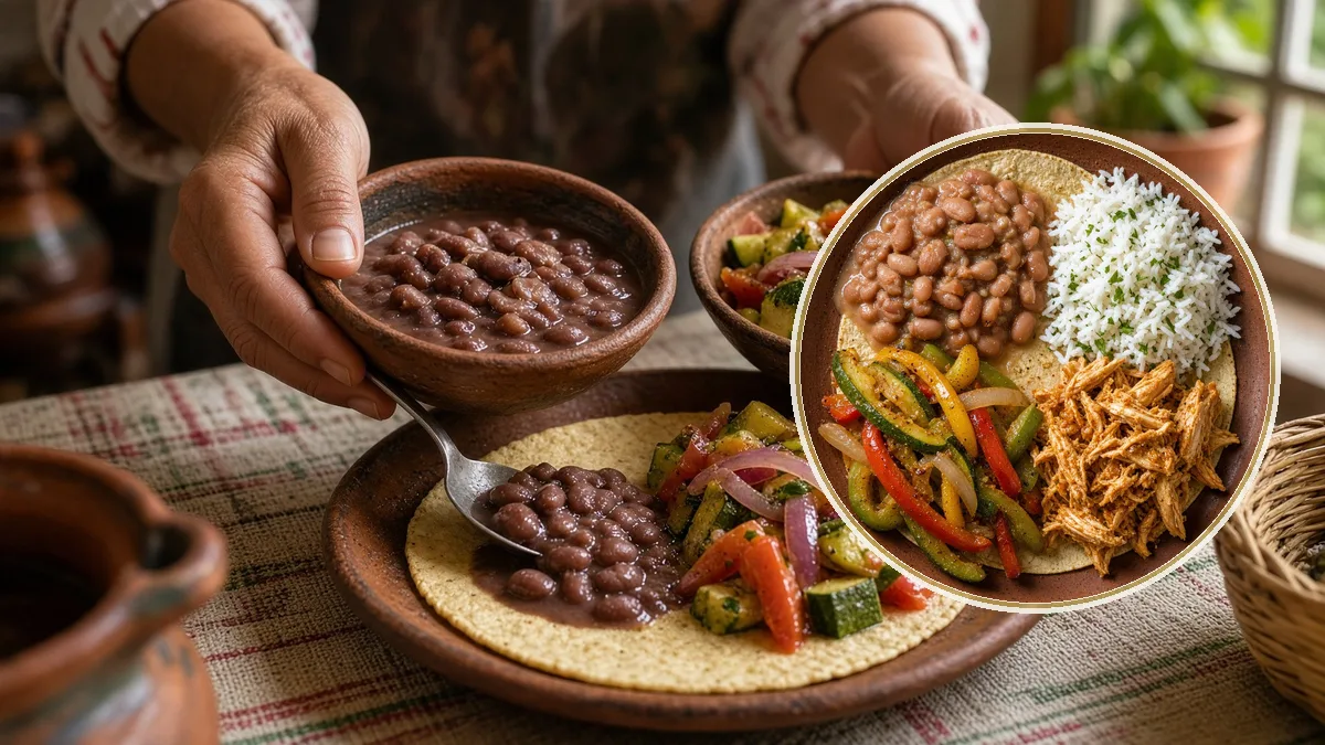 Persona arma un plato con tortilla, frijol y verdura. En primer plano, el plato completo.