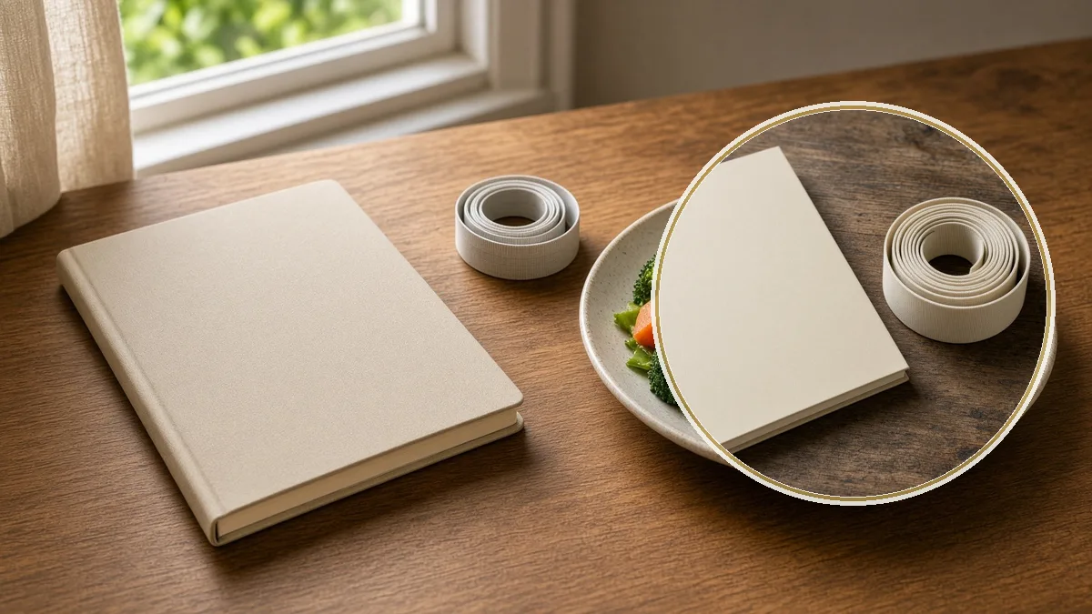Libreta cerrada, cinta y un plato en el escritorio. En primer plano, la cinta.